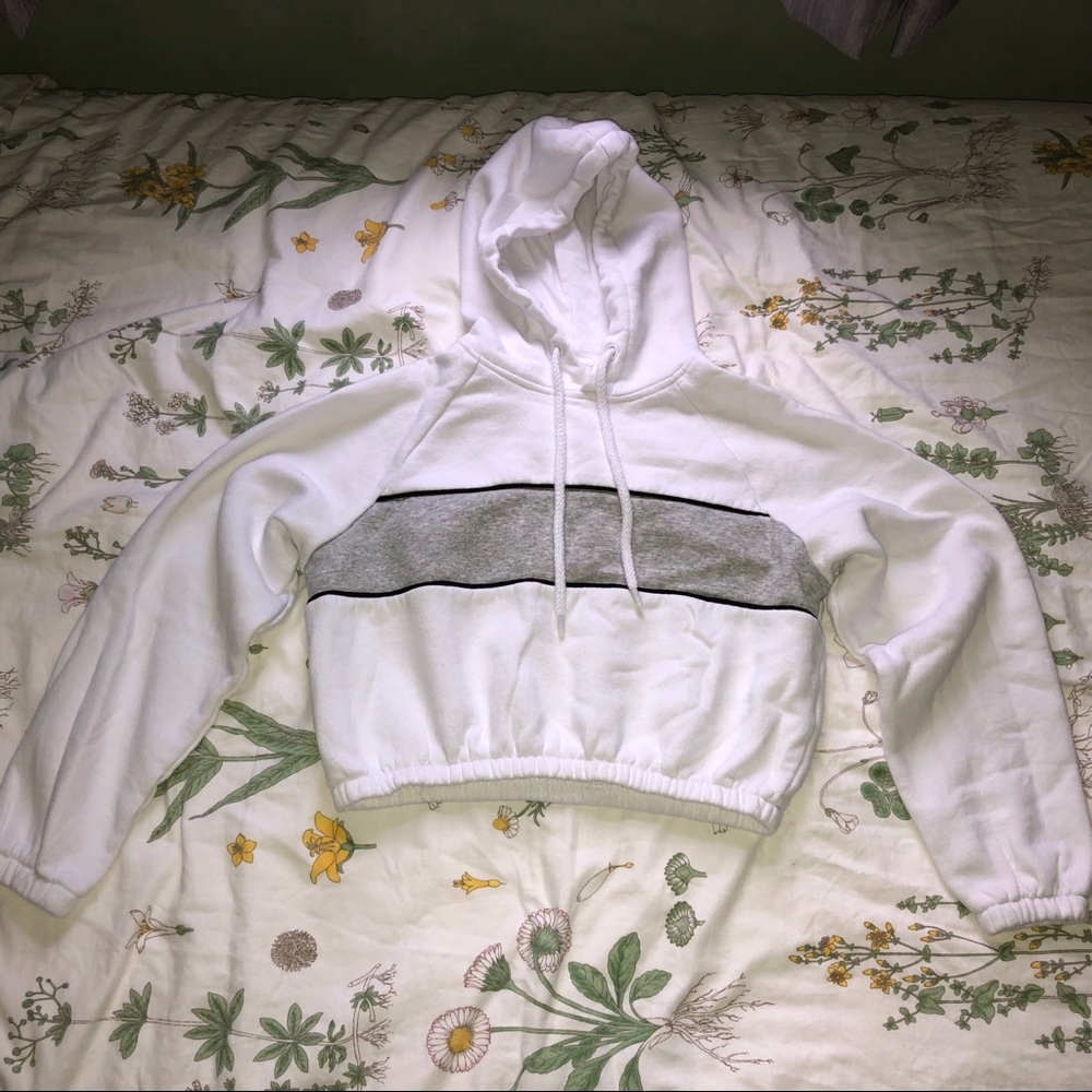 Cropped White Hoodie w/ Gray Stipe